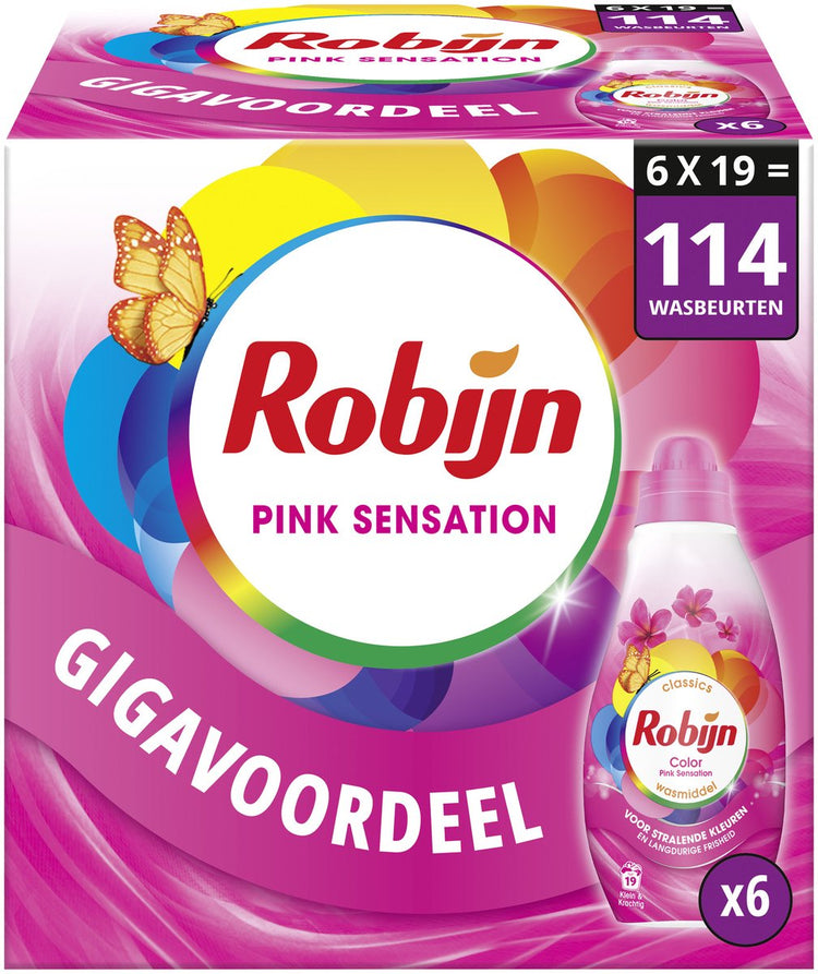 Robijn – Flüssigwaschmittel – klein, kraftvoll – Pink Sensation – 6 Flaschen – 114 Waschgänge