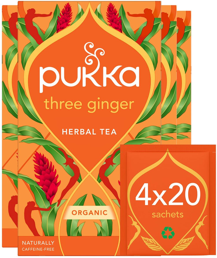 Pukka Tee drei Ingwer – 80 Teebeutel – Bio-Kräutertee – Ingwertee – 4 x 20 Beutel – Tee-Vorteilspackung