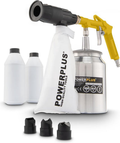 Powerplus powair0014 pneumatische Sandstrahlpistole – Arbeitsdruck: 3bar – 170l min – Tankinhalt: 1000cc – inkl. 5 Zubehörteile und 2 x 1 kg Aluoxidpulver