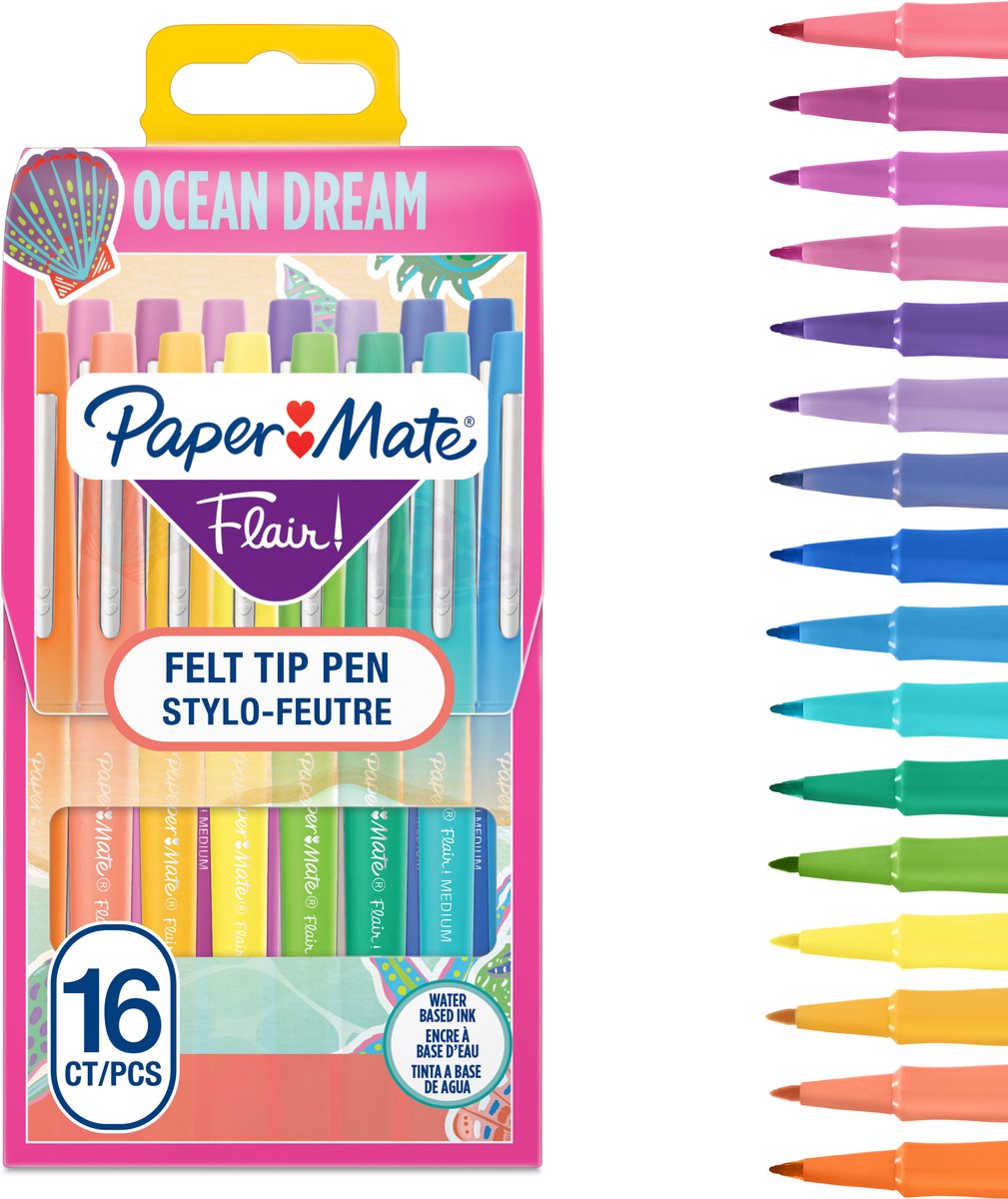 Paper Mate Flair Filzstifte | Marker mit mittlerer Spitze (0,7 mm) | verschiedene Ozeantraum-Farbmarker | für Kinder und Erwachsene zum Ausmalen, mehr aufschreiben | 16 Punkte