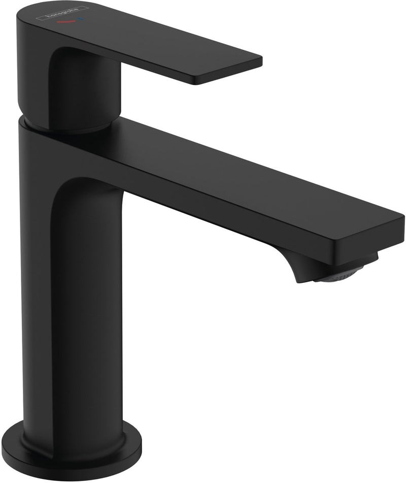 Hansgrohe rebris e – Waschtisch-Mischbatterie – Einhebelbedienung – Kaltstart-Energieeinsparung – Ecosmart+ Wassereinsparung – mit Ablaufgarnitur – Größe 110 mm – mattschwarz