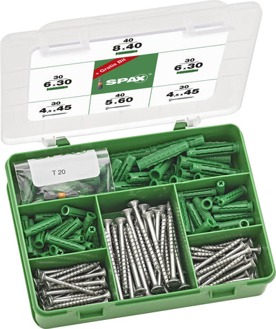 Spax Indoor-Sortiment, Schrauben-Set mit 2 Größen + Dübel, 200-teilig, Senkkopf, T-Star Plus, Wirox – 5000009100109