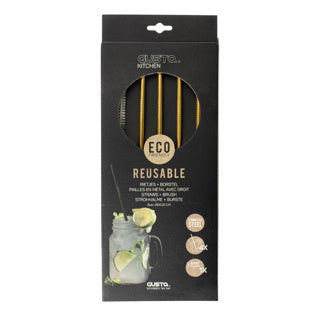 Gusta Edelstahlstrohhalme + Pinsel Gold 4 Teile