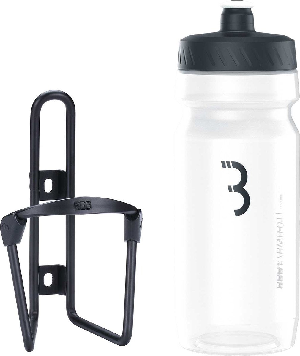 BBB Fahrrad-Kraftstofftank – Aluminium-Flaschenhalter mit Flasche – 550 ml – mattschwarz transparent – Rennrad Mountainbike – Trinkflaschenhalter Fahrrad – BBC-03C