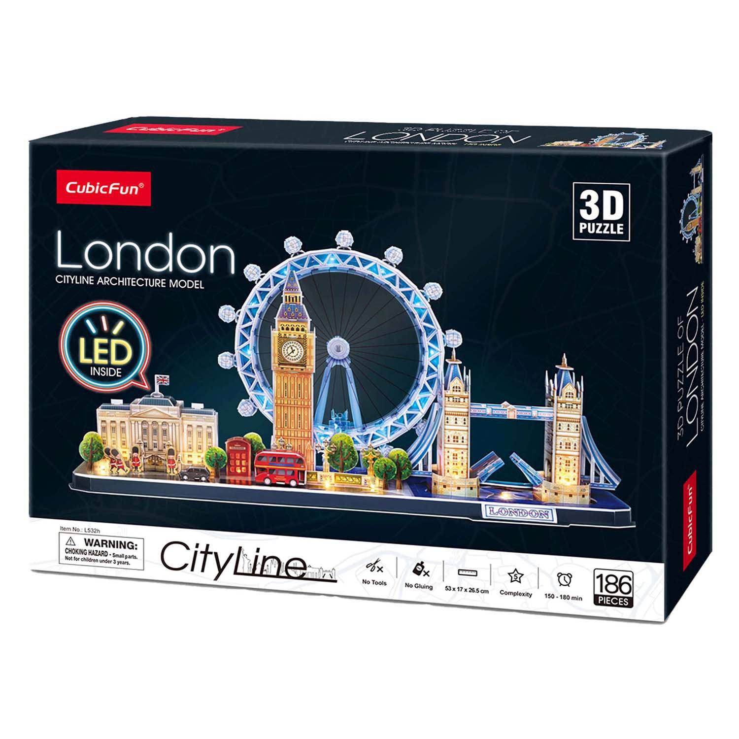 Würfelspaßiges 3D-Puzzle City Line London LED, 107 Teile.