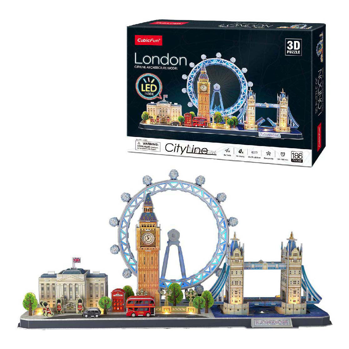 Würfelspaßiges 3D-Puzzle City Line London LED, 107 Teile.