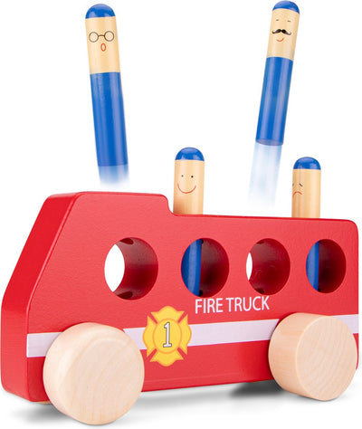 Woet® Pop-up-Feuerwehrauto aus Holz – rotes Feuerwehrauto mit Feuerwehrleuten – FSC-Spielzeugfahrzeug – Actionspiel – Lernspielzeug – ab 2 Jahren