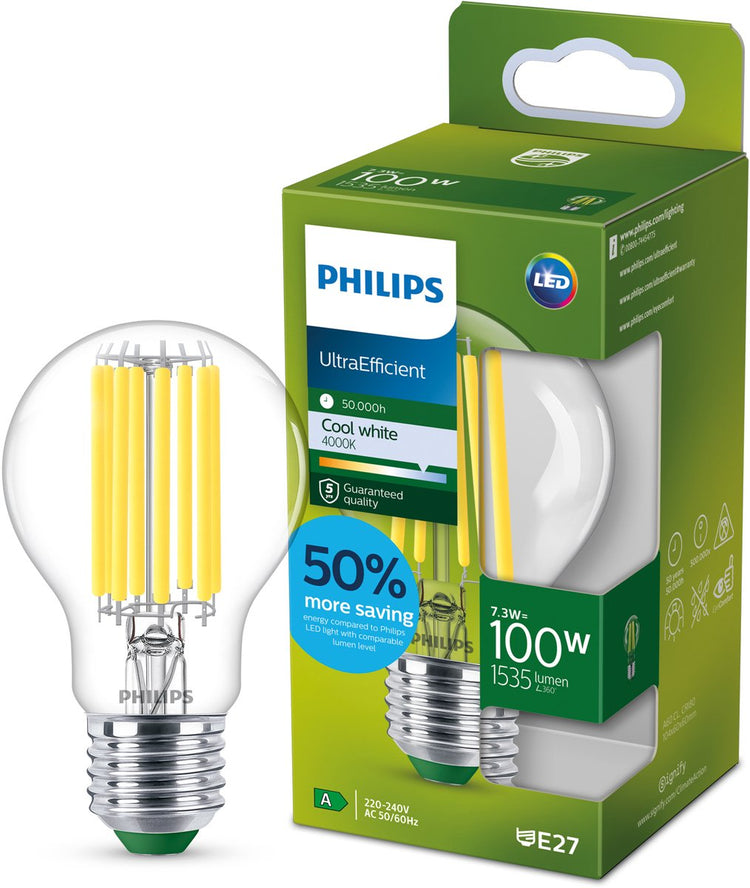 Philips LED Philips ultraeffiziente LED-Lampe transparent – 100 W – E27 – kaltweißes Licht