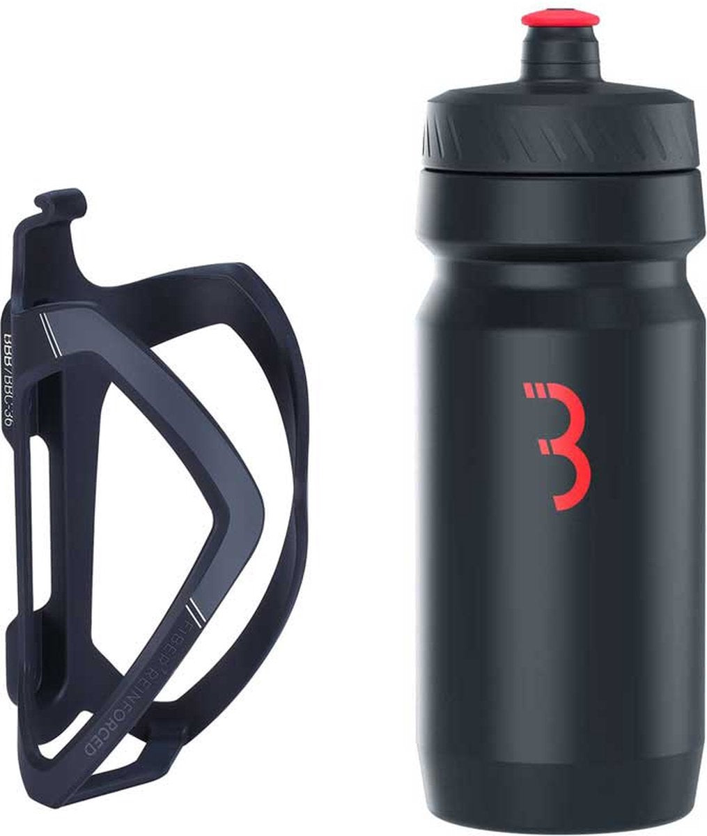 BBB Cycling Flexcage – Leichter Flaschenhalter mit Flasche – 550 ml – Schwarz Rot – Rennrad Mountainbike – Trinkflaschenhalter Fahrrad – BBC-36C