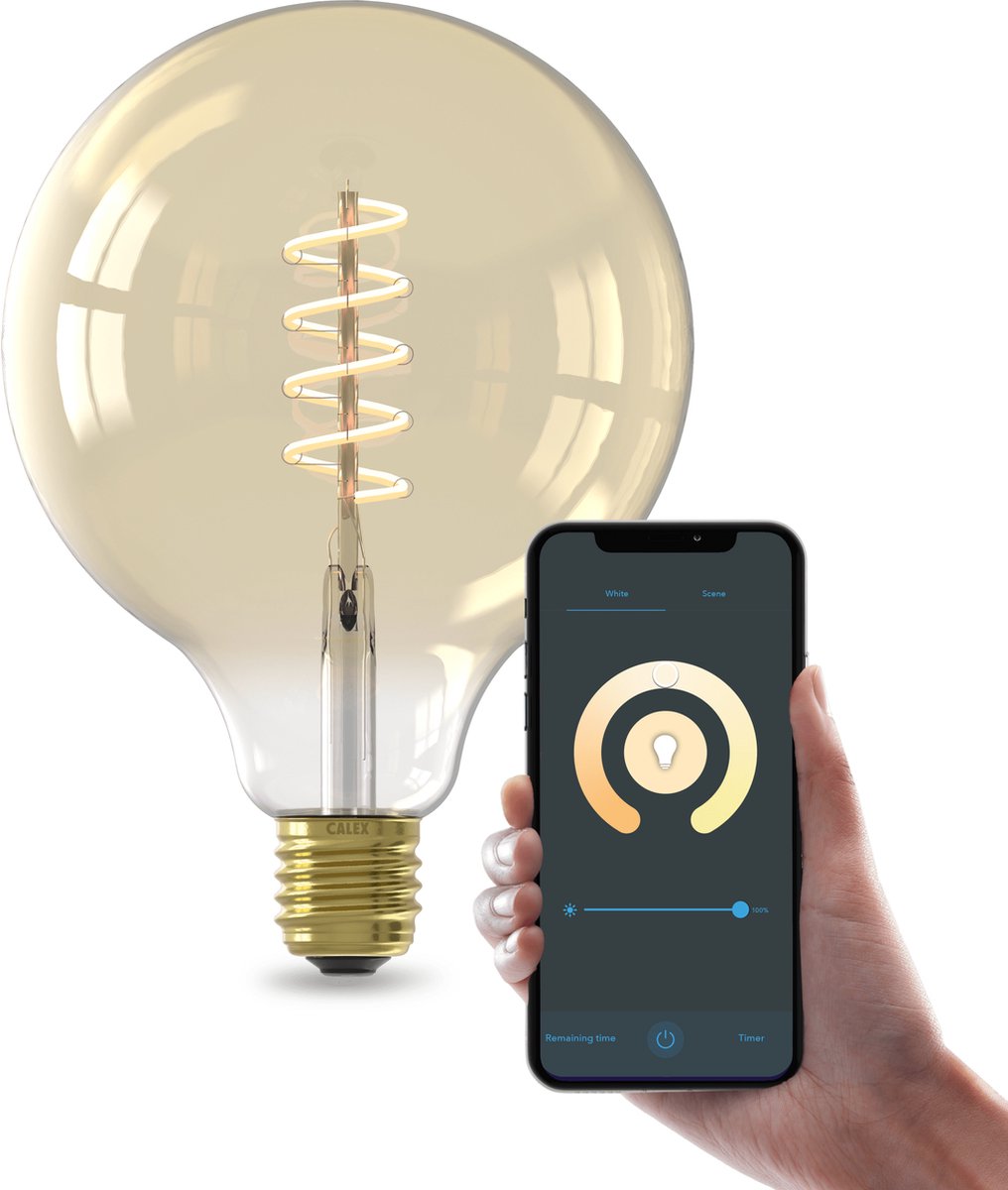 Calex intelligente LED-Lampe – E27 – WLAN-Beleuchtung – Glühfaden – Globus 12,5 cm – intelligente Lichtquelle Gold – dimmbar – warmweißes Licht – 7 W