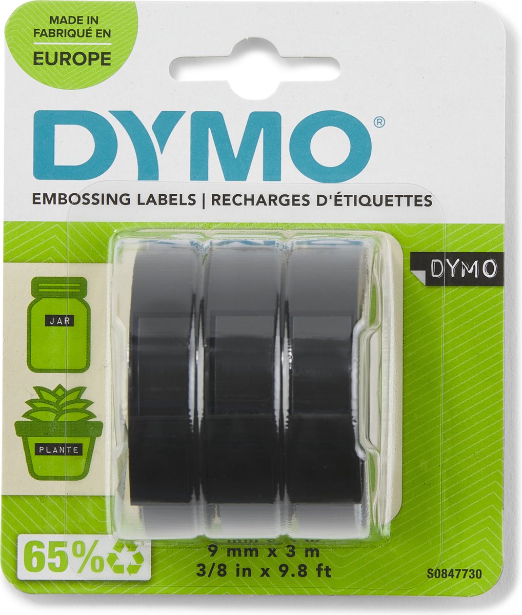 Dymo Original geprägtes Etikettenband | Rollen von 9 mm x 3 m | weiß auf schwarz | selbstklebend | für Etikettendrucker zum Prägen | 3 Stück
