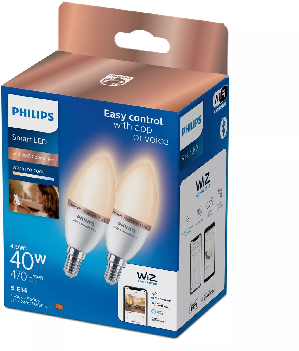 Philips Beleuchtung Philips Smart Lighting – Kerzenlampe 2er-Pack – intelligente LED-Beleuchtung – warmes bis kühles weißes Licht – E14 – 40 W – matt – WLAN
