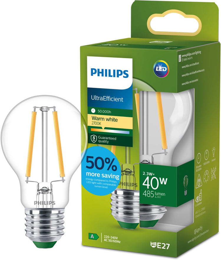 Philips LED Ultraeffiziente LED-Lampe von Philips – 40 W – E27-Fassung – warmweißes Licht: 2700 K – dimmbar – Milchglas – A60-Lampenform – lange Lebensdauer