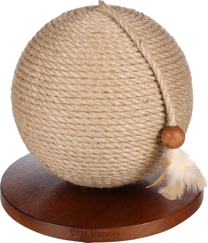 Katzenspielzeug Flamingo – Katzenspielzeug Kratzball Estrella Braun ø 24,5 cm – Interaktiver Spielzeugball mit Jute-Kratzseil und Feder – Kratzspielzeug Katze kompakt stylisch