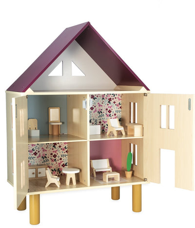 Janod Twist – Puppenhaus – Puppenhaus aus Holz mit drei Etagen – Lieferung mit 11 Möbelstücken zur Einrichtung des Hauses – geeignet ab 3 Jahren