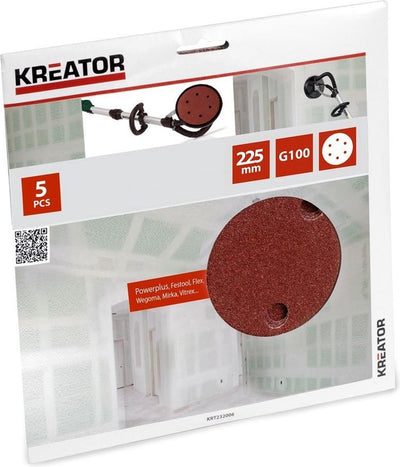 Kreator Schleifpapier für Gipskartonplatten, rund für Langhals-Klettverschluss, ø 225 mm, K100, Set mit 5 Stück (krt232006)