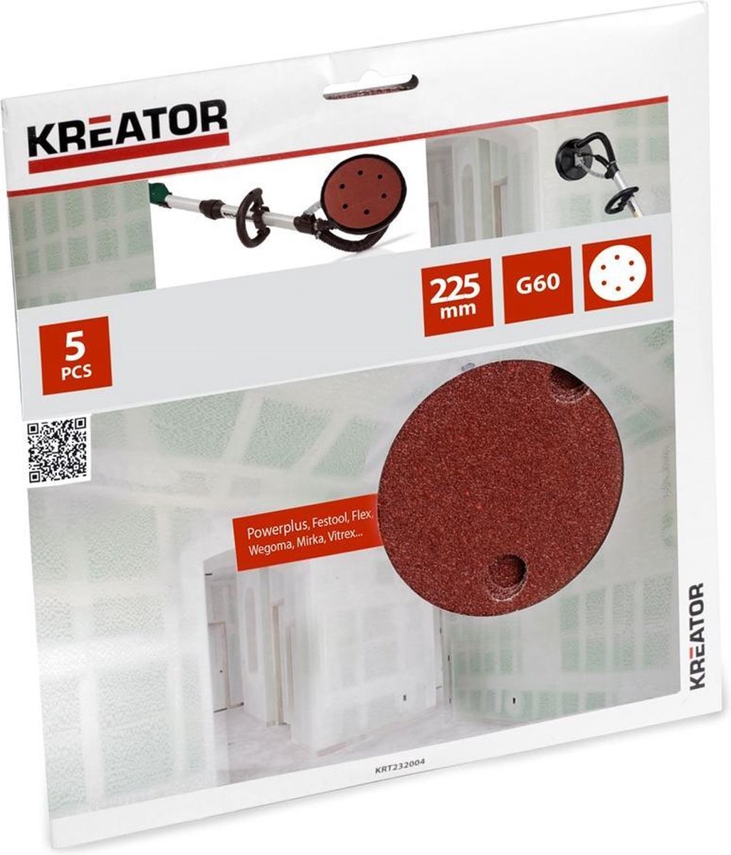 Kreator Schleifpapier Gipskarton rund für Langhals-Klettverschluss ø 225 mm K60 Set mit 5 Stück (krt232004)