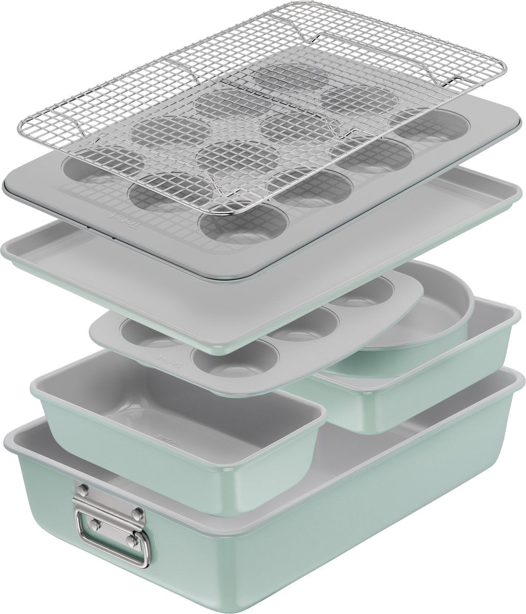 Tefal Ceramik-Backform – 8-teiliges Set – Muffinform, Kuchenform, Kühlregal – Antihaftbeschichtung – PFAS-frei