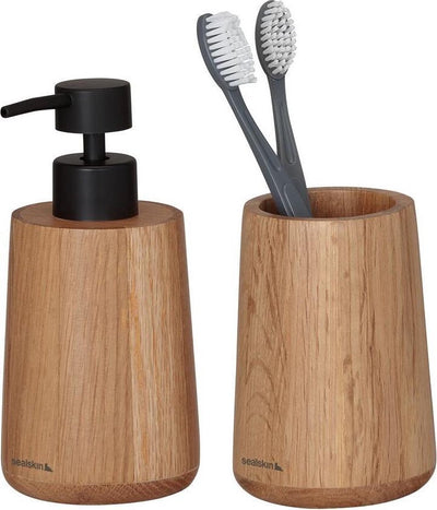 Sealskin Earth - Badezimmerset - Seifenspender 150 ml - Zahnputzbecher - Eiche