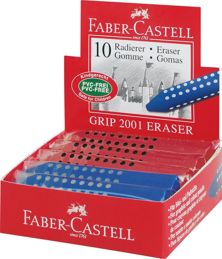 Radiergummi Faber-Castell Grip 2001, sortiert, Display 10 Stück – fc-187101