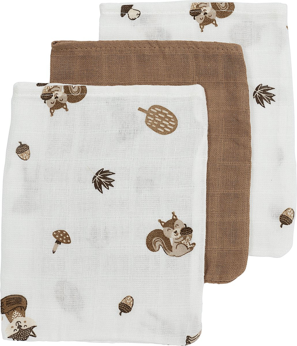 Meyco Baby-Waschlappen mit Waldtieren – 3er-Pack – hydrophil – Toffee – 20 x 17 cm