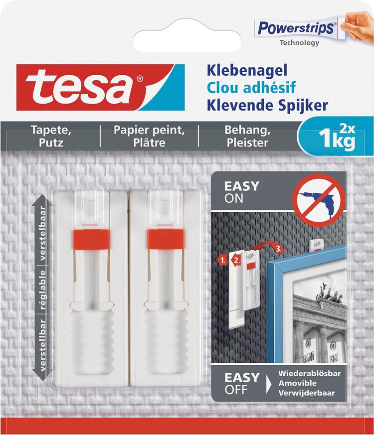 Tesa - 77774 - verstellbarer Klebenagel für Tapeten und Putz - bis 1kg - 8x 2 Stück