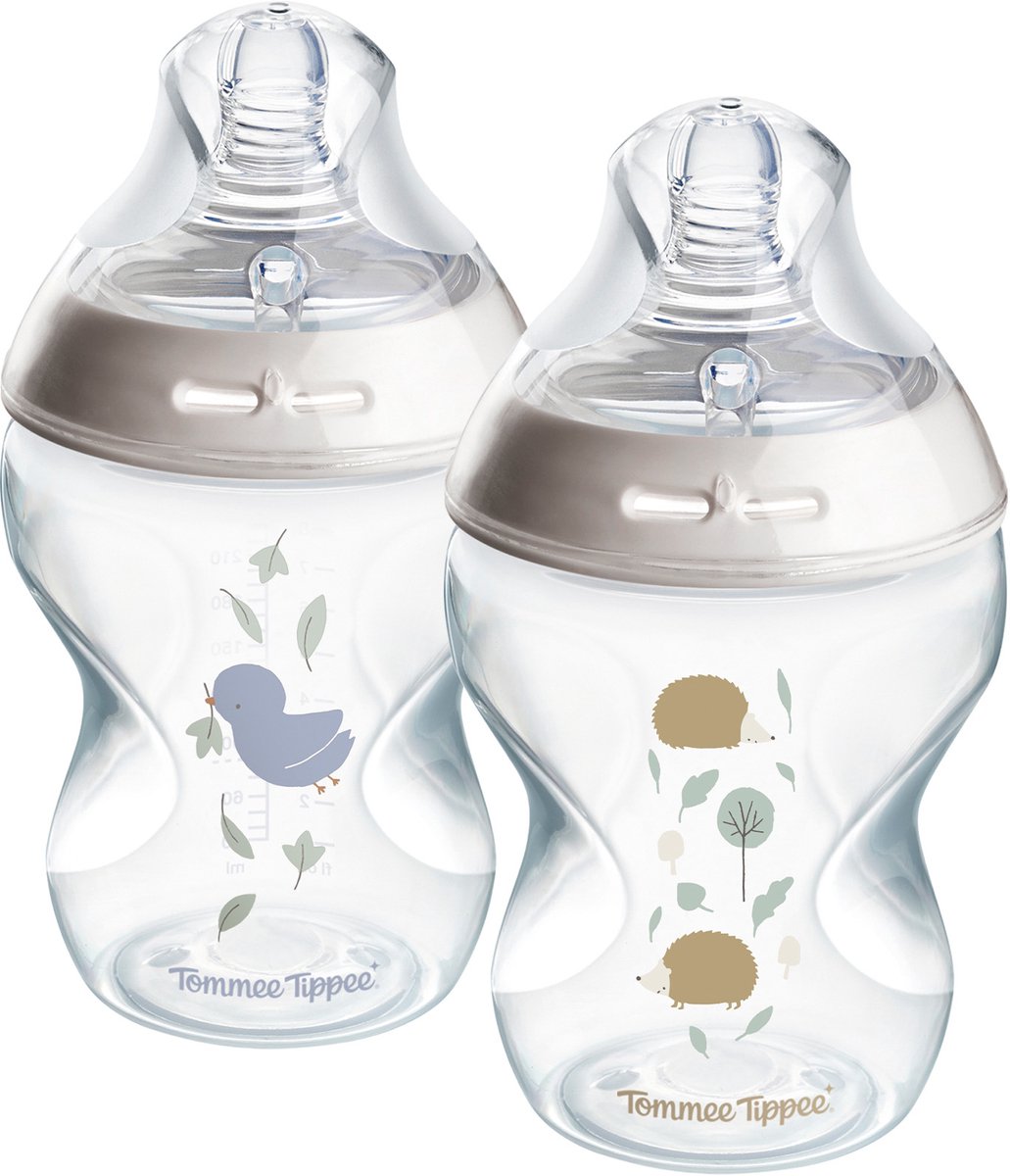 Tommee Tippee Natural Start Babyflaschen – Set mit 2 x 260 ml Babyflaschen – niedrige Fördergeschwindigkeit – 0 m+ – dekoriert