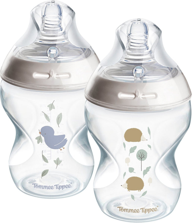 Tommee Tippee Natural Start Babyflaschen – Set mit 2 x 260 ml Babyflaschen – niedrige Fördergeschwindigkeit – 0 m+ – dekoriert