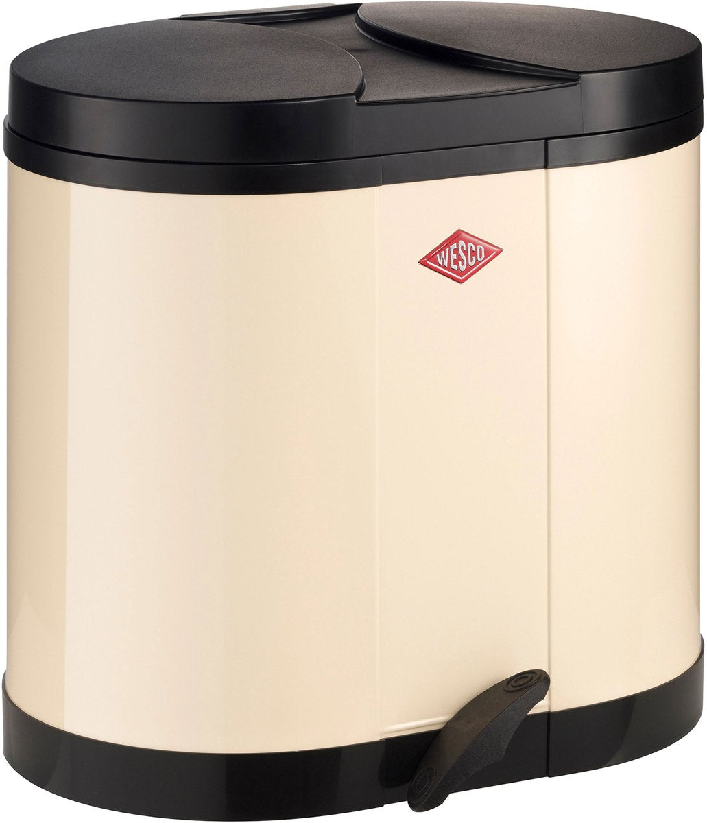 Wesco Öko-Sammelabfallbehälter | 30 Liter | Duo Treteimer (2x15 Liter) | Metall - Mandel | Mülltrennung – Made in Germany