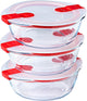 Pyrex - Koch-Wärmeschüssel rund mit Deckel - Fassungsvermögen je 1,1 Liter - Set à 3 Stück - transparent rot weiß