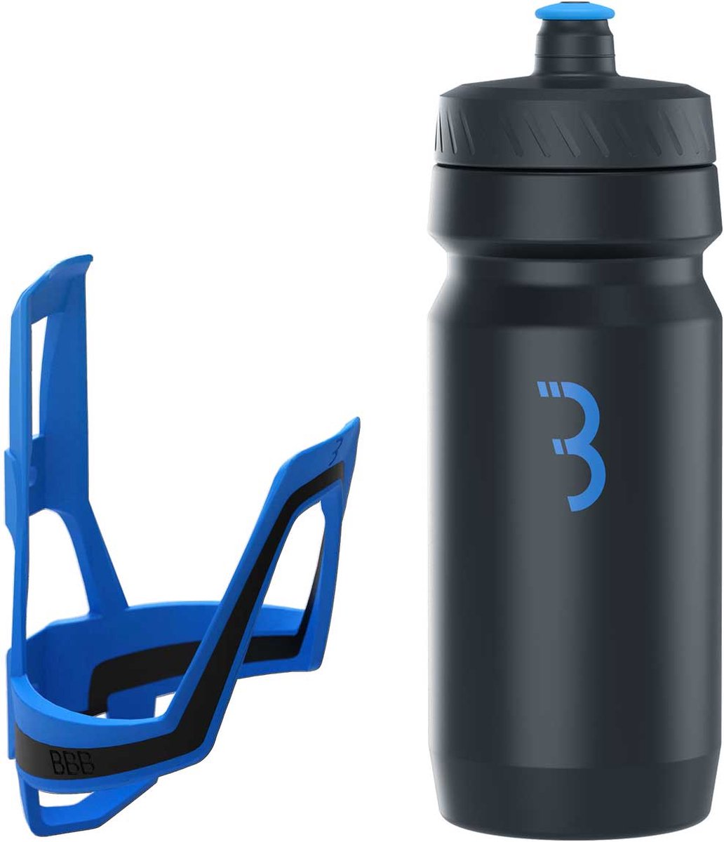 BBB Cycling Dualcage – leichter Flaschenhalter mit schwarzer Flasche – 550 ml – blau – Rennrad Mountainbike – Trinkflaschenhalter Fahrrad – BBC-39C