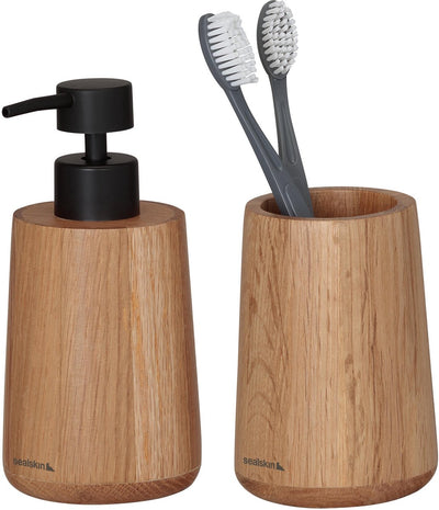 Sealskin Earth Badezimmerset – Seifenspender 150 ml – Zahnputzbecher – FSC – Eiche – Holzoptik