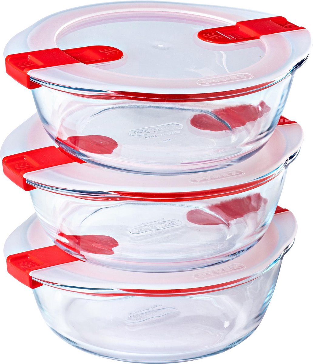 Pyrex - Koch-Wärmeschüssel rund mit Deckel - Fassungsvermögen je 1,1 Liter - Set à 3 Stück - transparent rot weiß