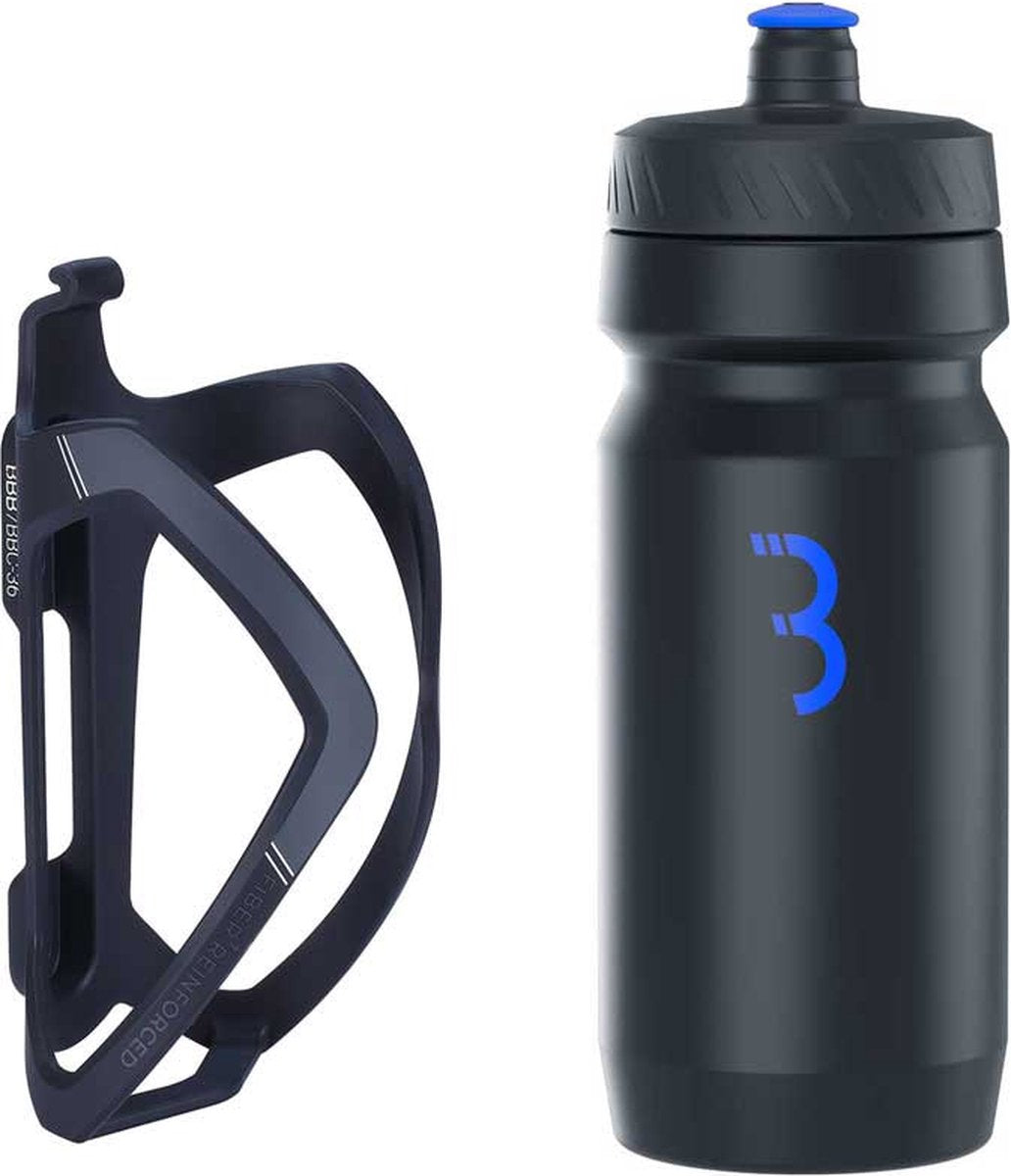 BBB Cycling Flexcage – Leichter Flaschenhalter mit Flasche – 550 ml – Schwarz Blau – Rennrad Mountainbike – Trinkflaschenhalter Fahrrad – BBC-36C
