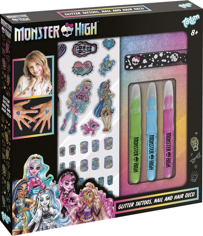 Totum Monster High Nagel-Deko-Haar- und Glitzer-Tattoo-Set für Kinder, Beauty-Mode-Set – Spielzeug-Mädchen-Verkleidungs- und Rollenspiel-Bastelset