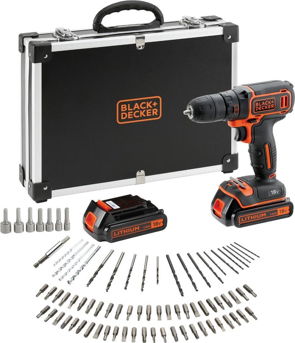 Black+Decker 18-V-Bohrschrauber-Kit mit Zubehör-Flightcase – bdcdc18bafc-qw