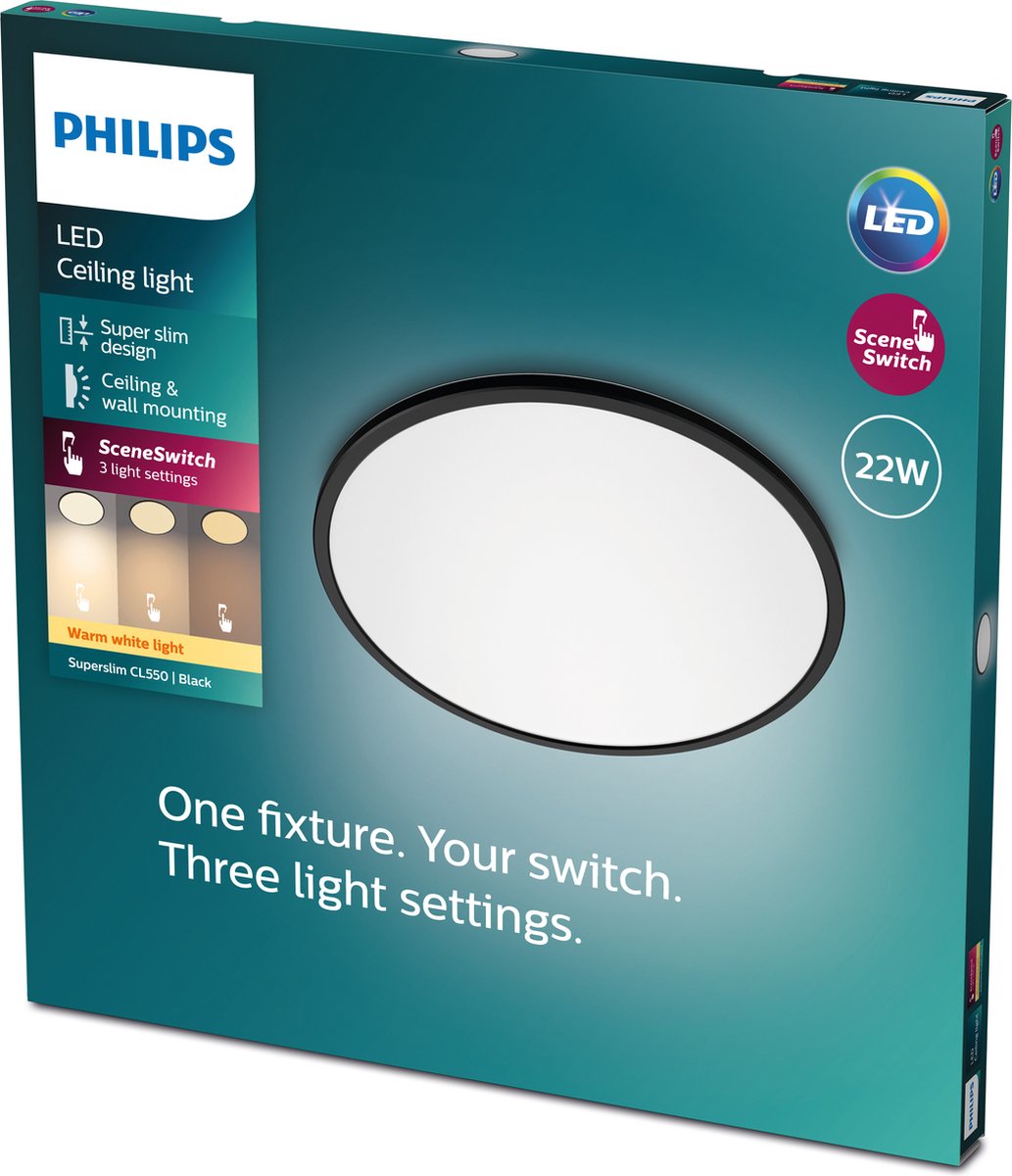 Philips LED Philips superschlanke Deckenleuchte – Schwarz – groß – warmweißes Licht – 22 W