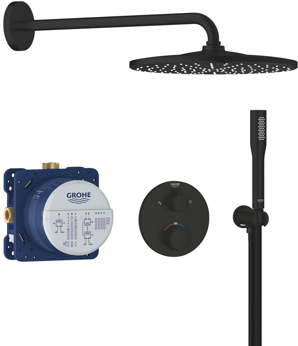 Grohe Präzisions-Einbaubrause – mit Thermostatarmatur – Vitalio Rain Mono 310 Kopfbrause (1 Strahlart) Vitalio Get Stick-Handbrause (1 Strahlart) – rundes Design – mattschwarz