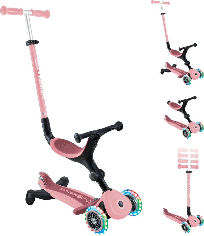 Mitwachsender Globber-Scooter – Go Up Active Lights Pastellrosa 360 – Rosa – leuchtende Räder – mit Schiebestange – höhenverstellbar – von 15 Monaten bis 9 Jahren