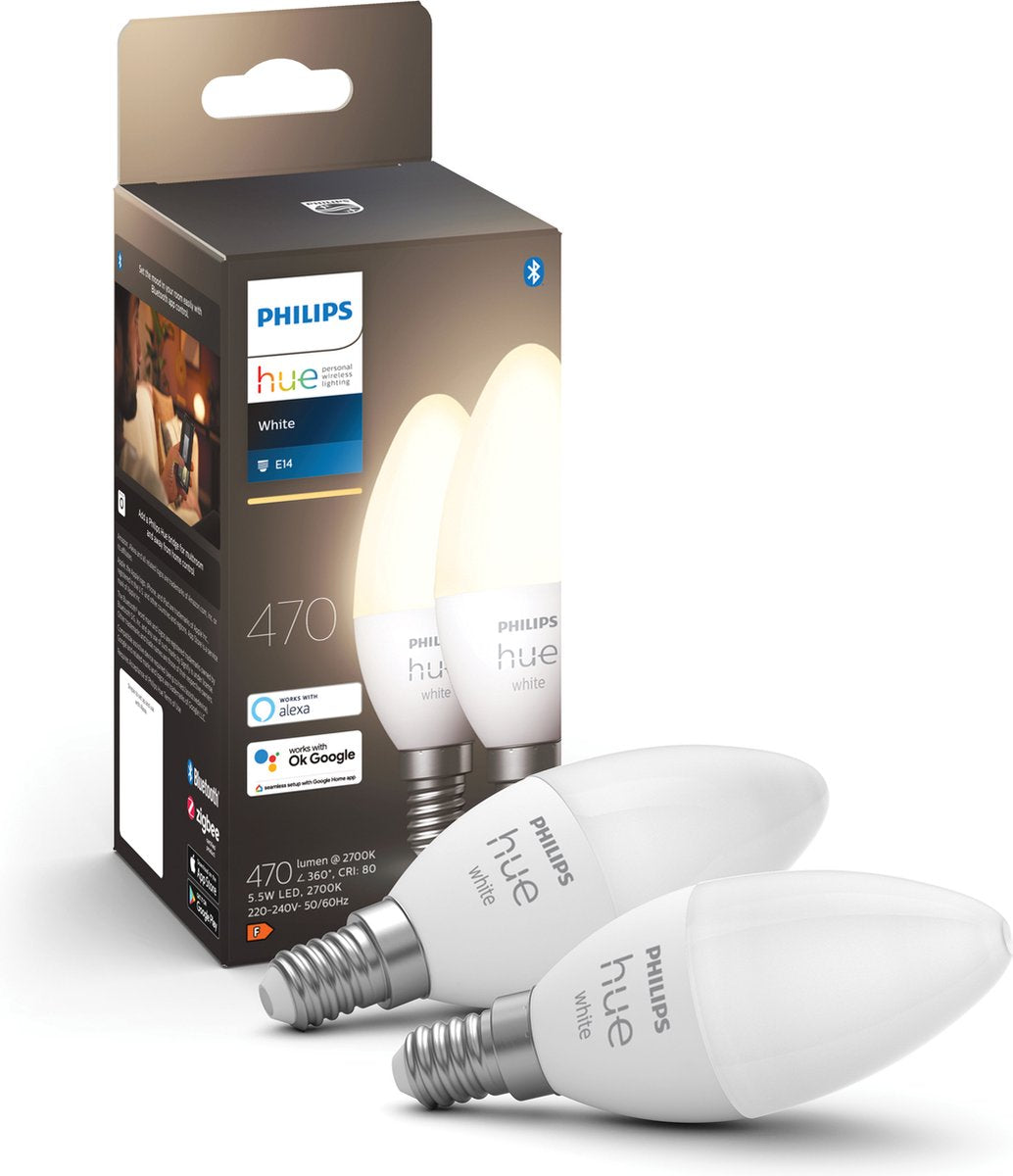 Philips Hue Kerzenlampenlichtquelle E14 – weiches weißes Licht – 5,2 W – Bluetooth – 2 Stück