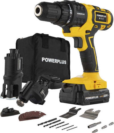 Powerplus 5-in-1 Akku-Kombiwerkzeug POWX00550 – 20 V Multitool – Schrauben, Bohren, Sägen, Schleifen und Schaben – Heimwerker-Werkzeuge – mit Akku, Ladegerät und 25 Akkus.