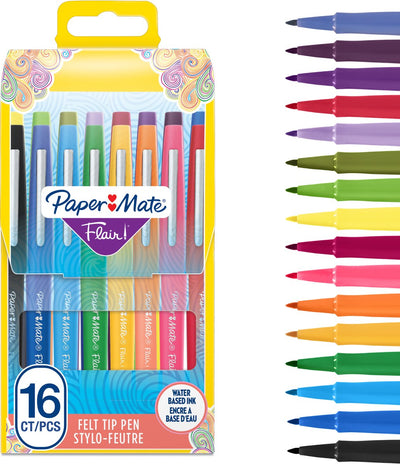 Paper Mate Flair Filzstifte | mittlere Spitze (0,7 mm) | verschiedene Farben | Koffer mit 16 Teilen