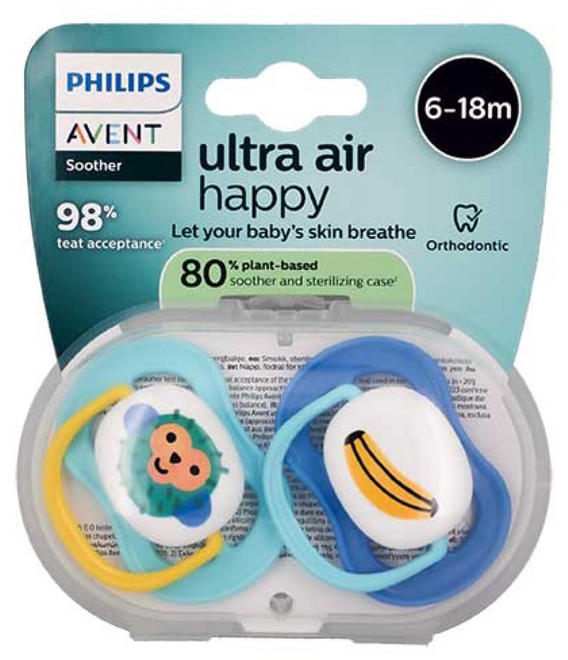 Philips Avent Avent Ultra Air Happy 2 kieferorthopädische Schnuller 6–18 Monate (Modelle: Affe und Banane)