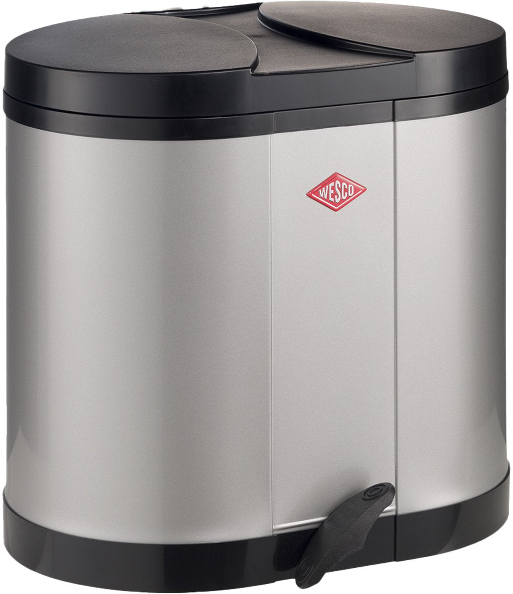 Wesco Öko-Sammelabfallbehälter | 30 Liter | Duo Treteimer (2x15 Liter) | Metall - Silber | Mülltrennung – Made in Germany