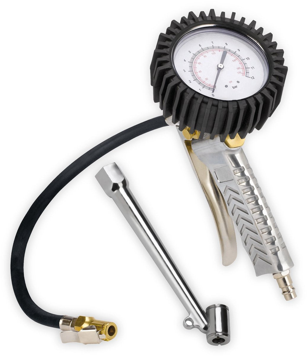 Einhell Profi Reifendruckmesser Reifenfüllpumpe - Arbeitsdruck: 0-8 bar - Schlauchlänge: 44 cm - inkl. Entlüftungsventil, Ventilstopfen, Profi-Reifendruckadapter