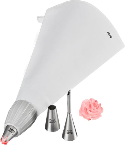 Gefu Decore Spritzbeutel-Set – 5-teilig – inklusive 3 Spritztüllen aus Edelstahl – für Kuchen, Cupcakes und Gebäck