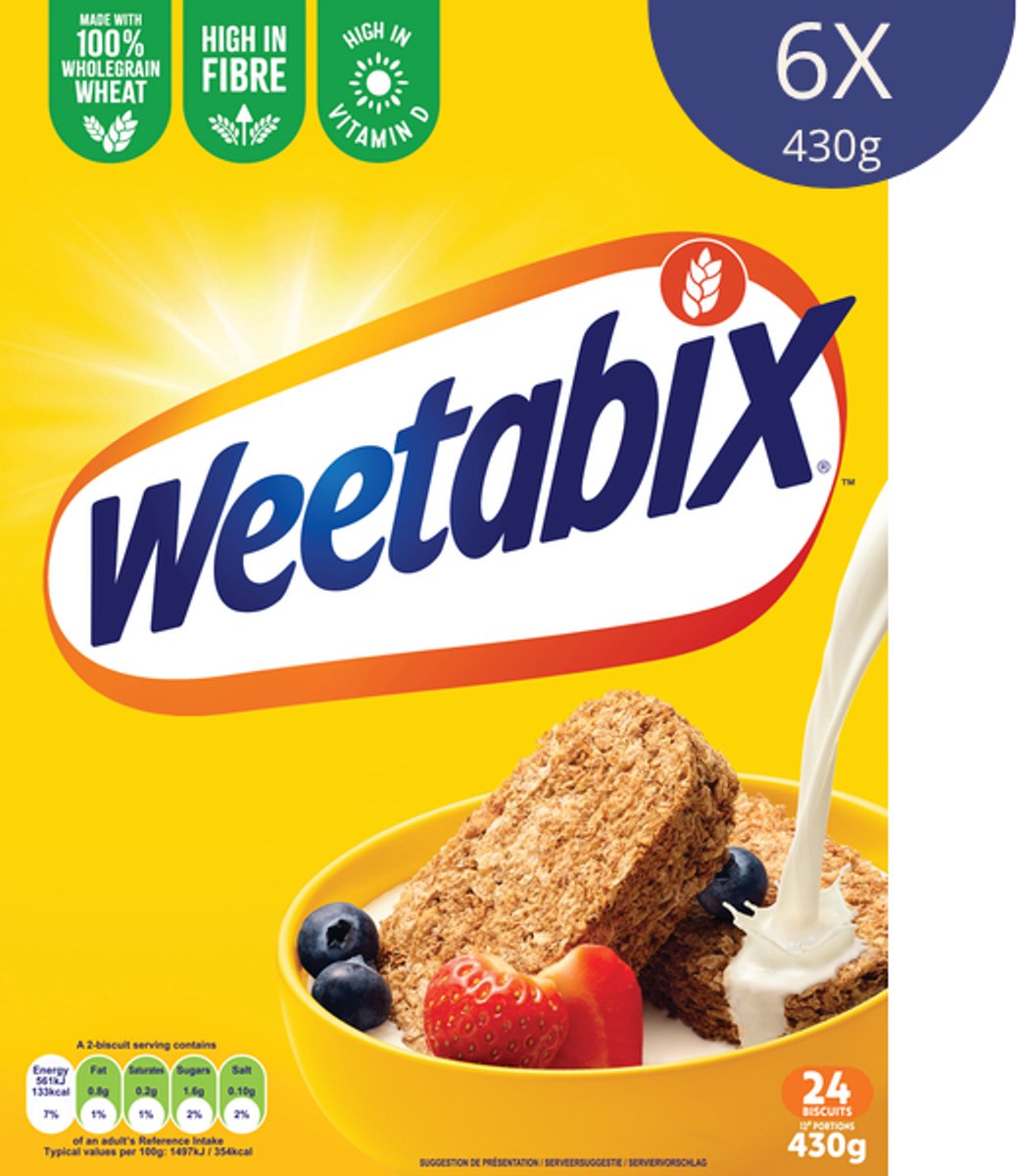 Weetabix Original - 6x 430 Gramm - Vollkorn-Getreideflocken - Nutriscore A - reich an Ballaststoffen