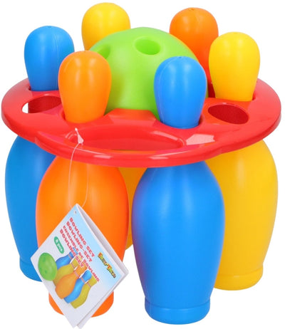 Eddy Toys Bowlingset 19,5 cm – Bowlingset für Kinder drinnen und draußen – Kegelspiel mit 6 Kegeln und 1 Ball – Spielzeugset mit Tragegestell – Kunststoff – bunt