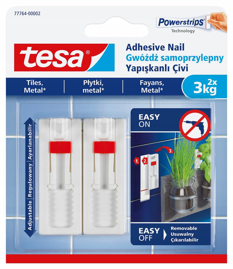 Tesa® verstellbarer selbstklebender Nagel – für Metallfliesen – 2 Stück – Belastbarkeit bis zu 3 kg pro Nagel – ohne Bohren – weiß