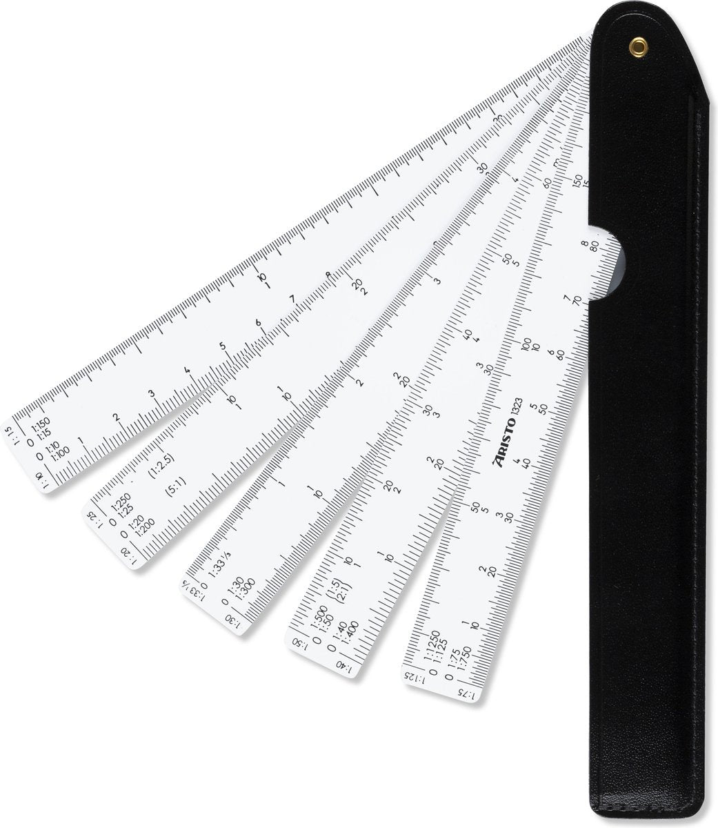 Aristo Fächerlineal – Länge 25 cm – 1:10 :15 :20 :25 :30 :33 1 3 :40 :50 :75 :125 – weißer Kunststoff – robuste Lederscheide – AR-1323